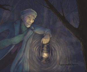 Old man holding an oil lamp searching through the woods at night.